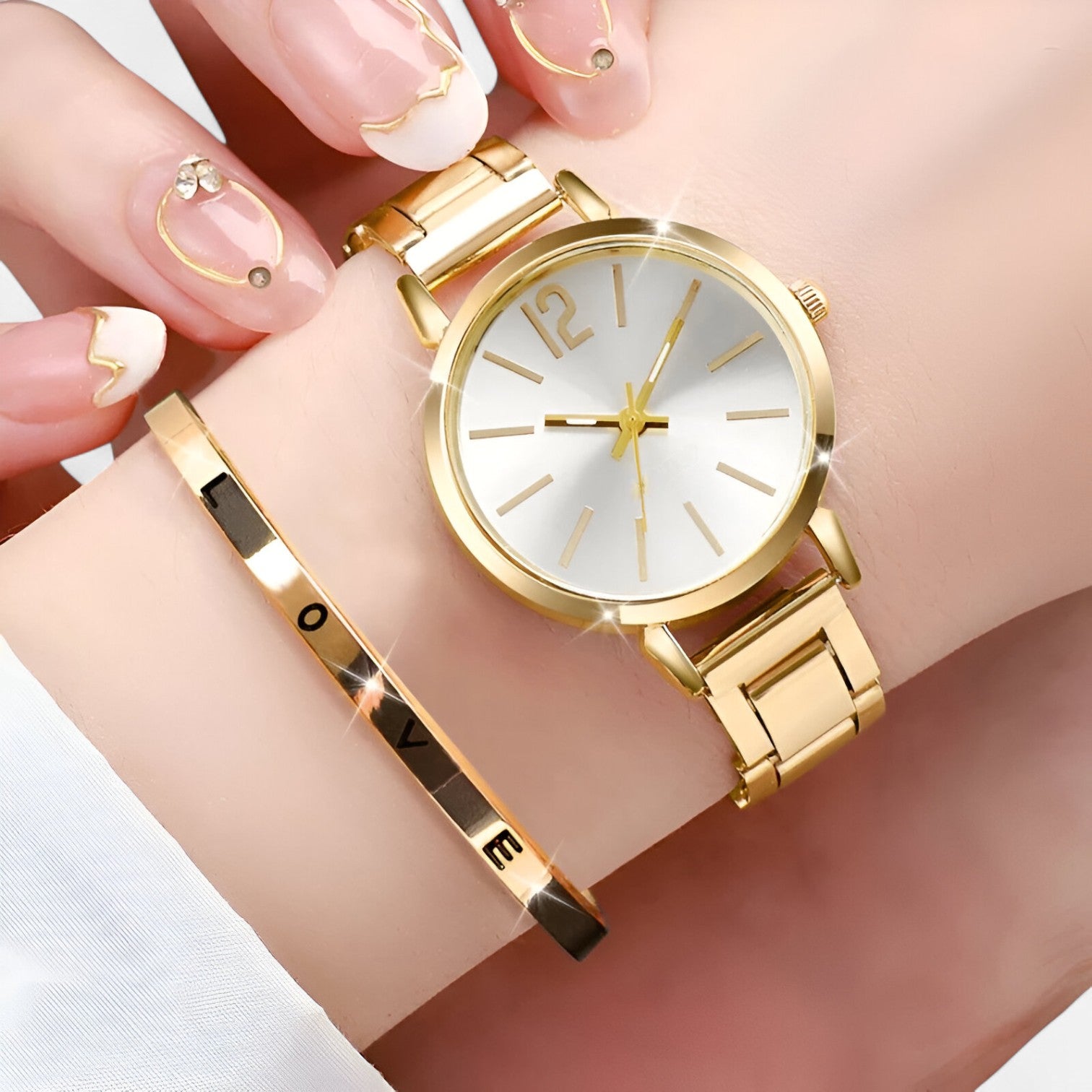 Lorena | Elegante Damenuhr-Set – Stiletto Edelstahl & Armband