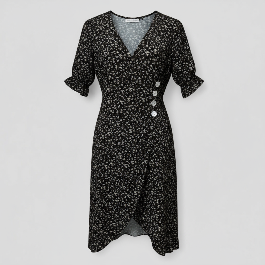 Marie | Geblümtes Midikleid mit V-Ausschnitt und seitlichen Knöpfen