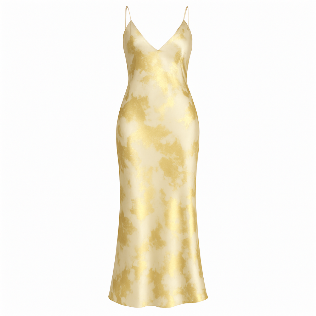 Aurora | Goldfarbener Satin-Slipdress – Rückenfrei, fließende Eleganz