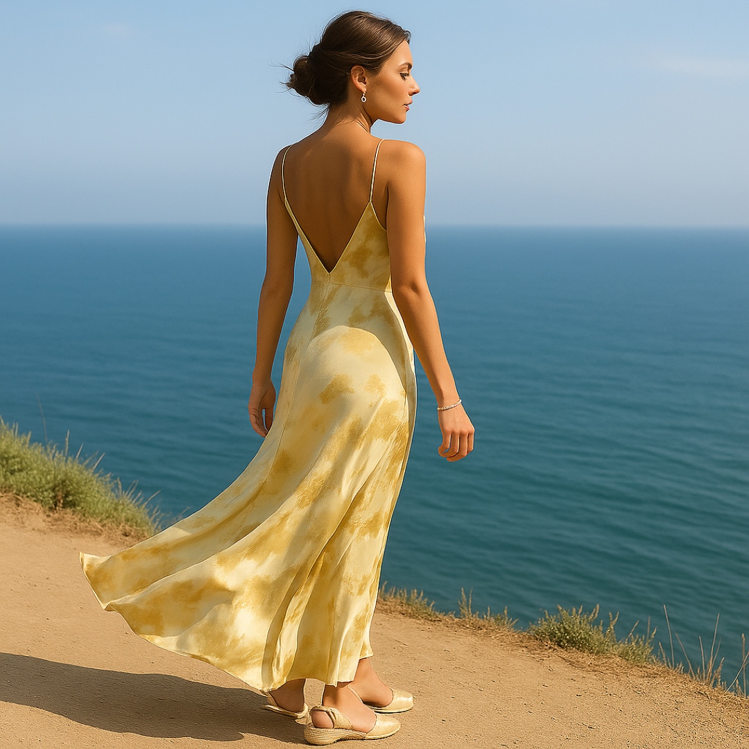 Aurora | Goldfarbener Satin-Slipdress – Rückenfrei, fließende Eleganz