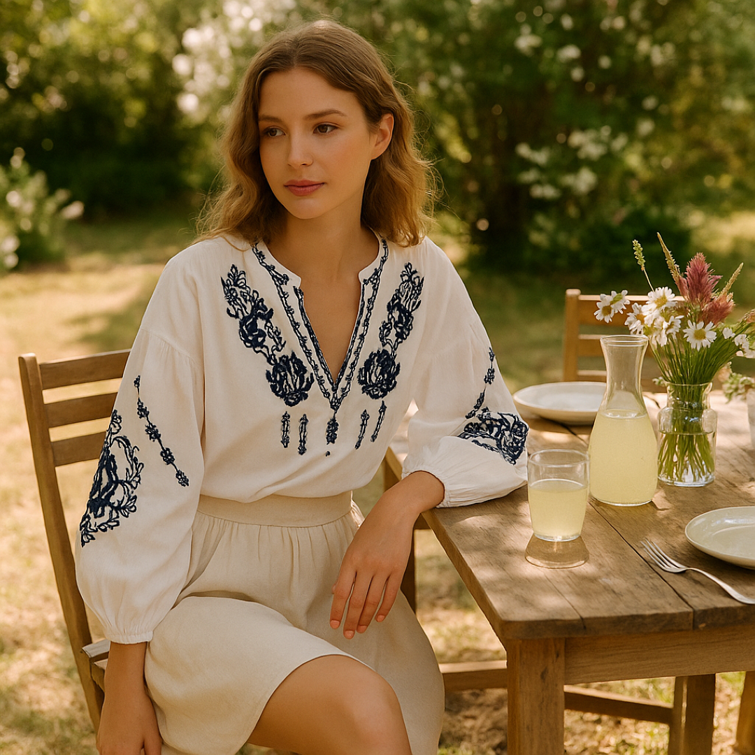 Alma | Boho-Bluse mit marineblauem Stickereimuster, lockere Passform