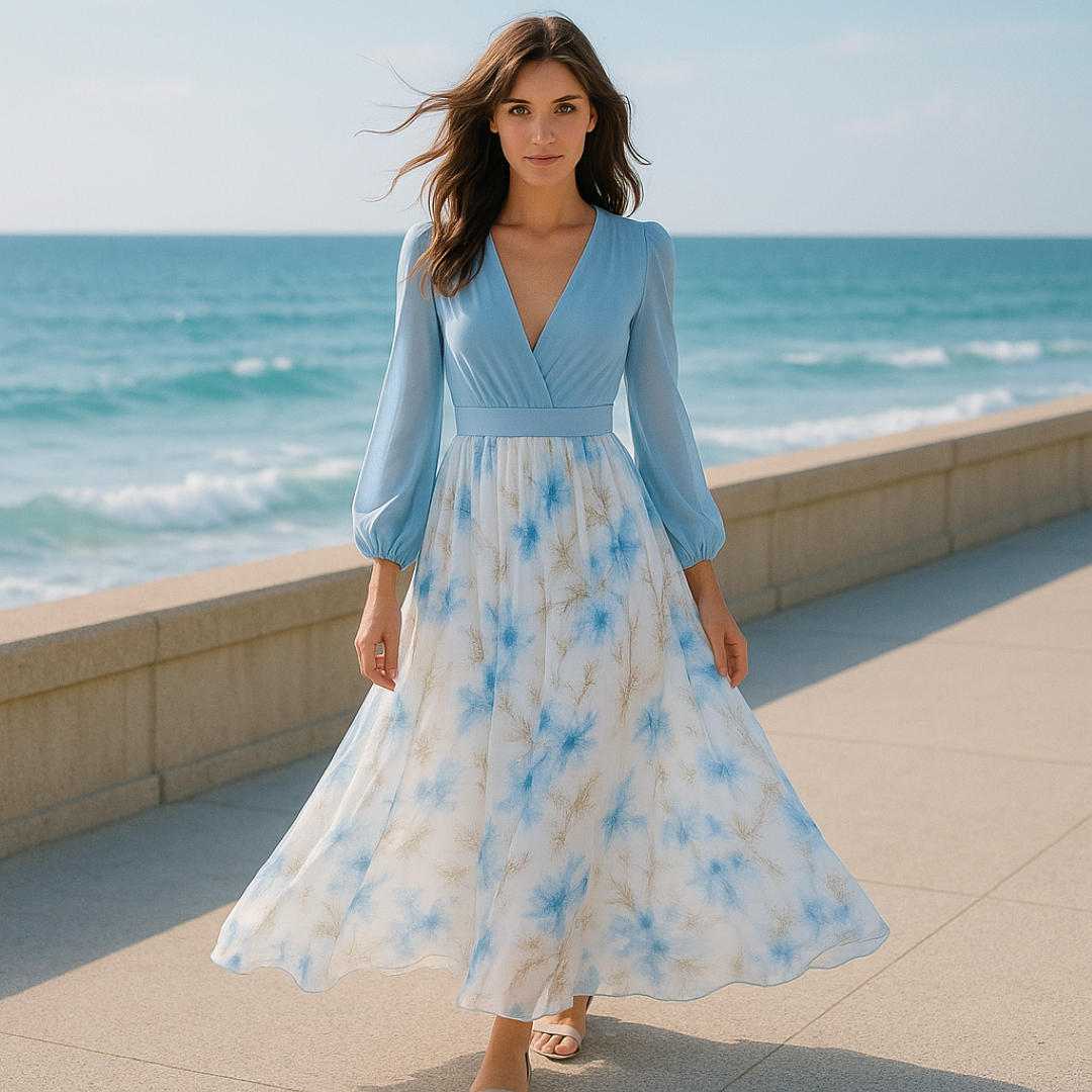 Cloe | Elegantes langes Kleid mit leichten Ärmeln und floralem Rock