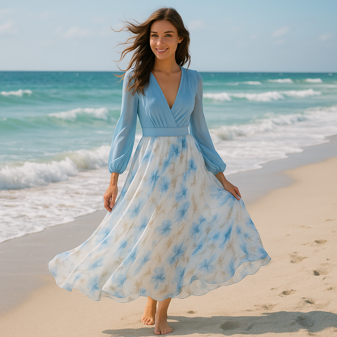 Cloe | Elegantes langes Kleid mit leichten Ärmeln und floralem Rock