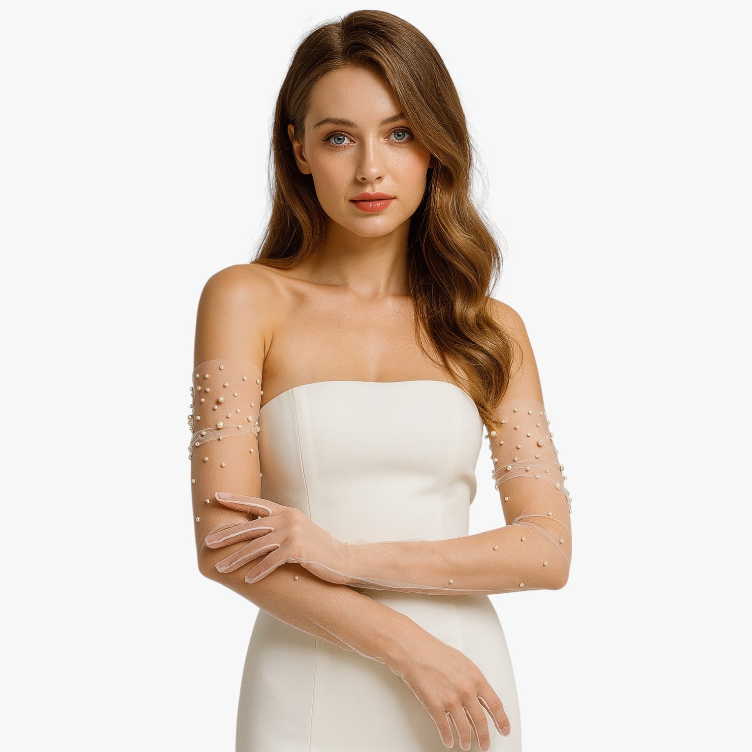 Vivian | Elegante Brauthandschuhe aus Tüll mit zarten Perlen, lang und leicht