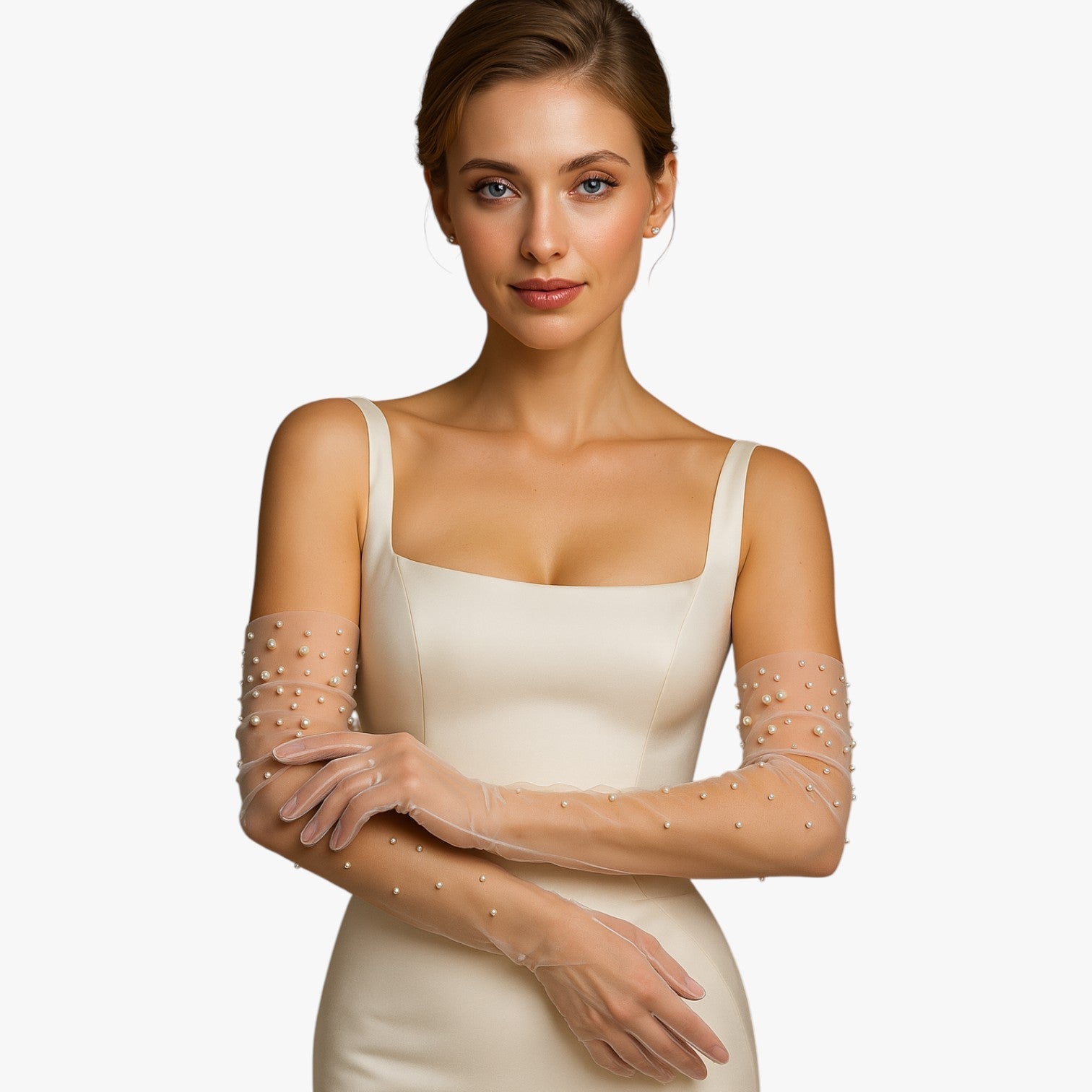 Vivian | Elegante Brauthandschuhe aus Tüll mit zarten Perlen, lang und leicht