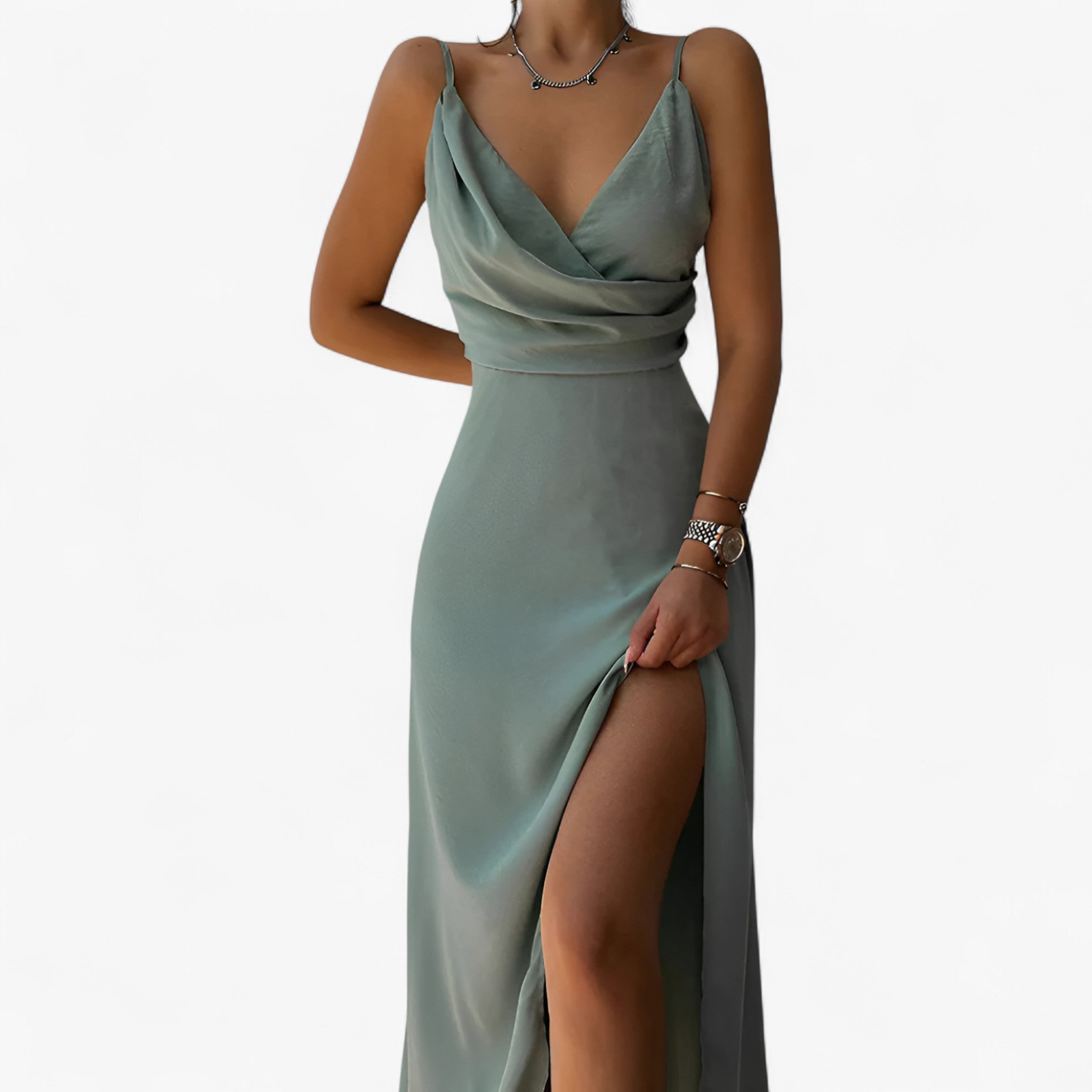 Damen Satin Abendkleid mit Hohem Schlitz 0