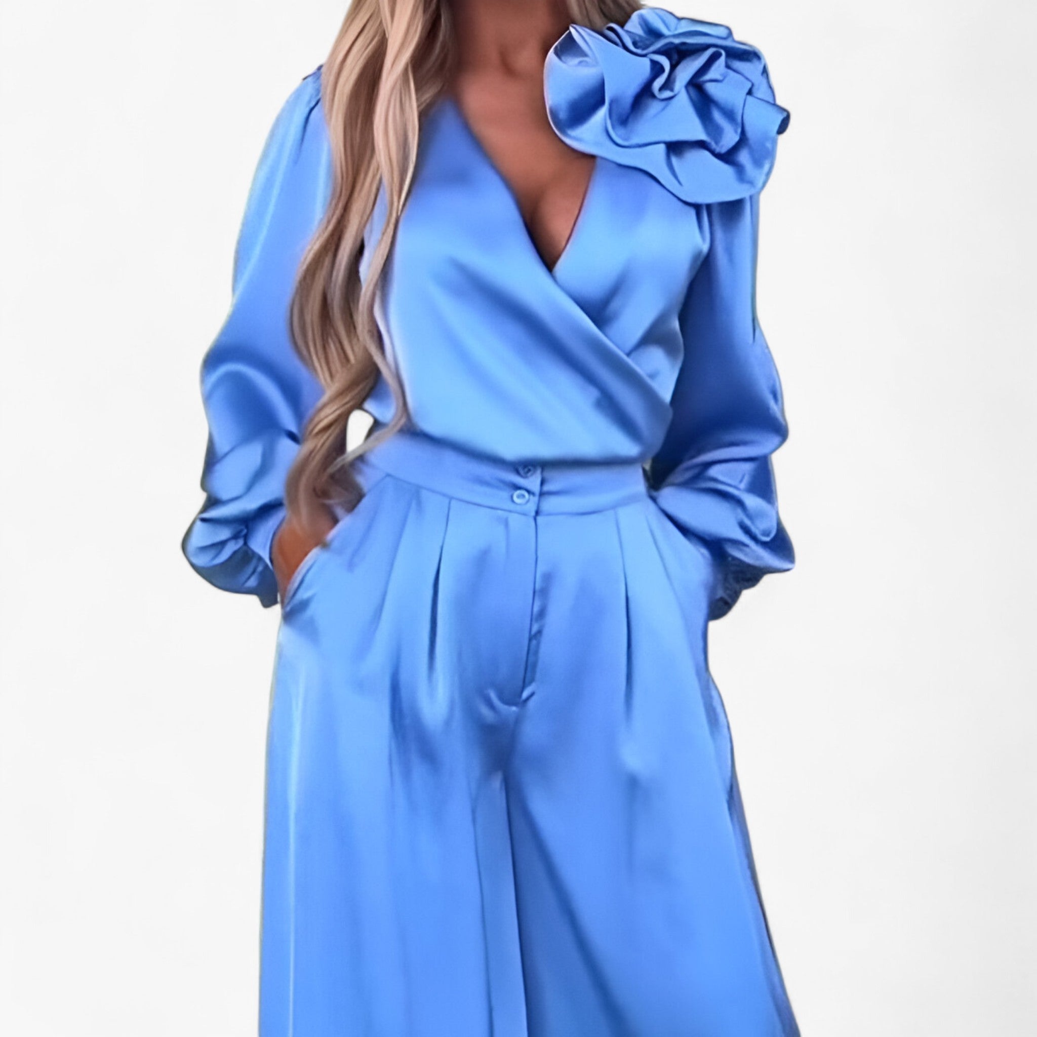 Damen Twin Set Polyester mit V-Ausschnitt und Weiten Hosen 6