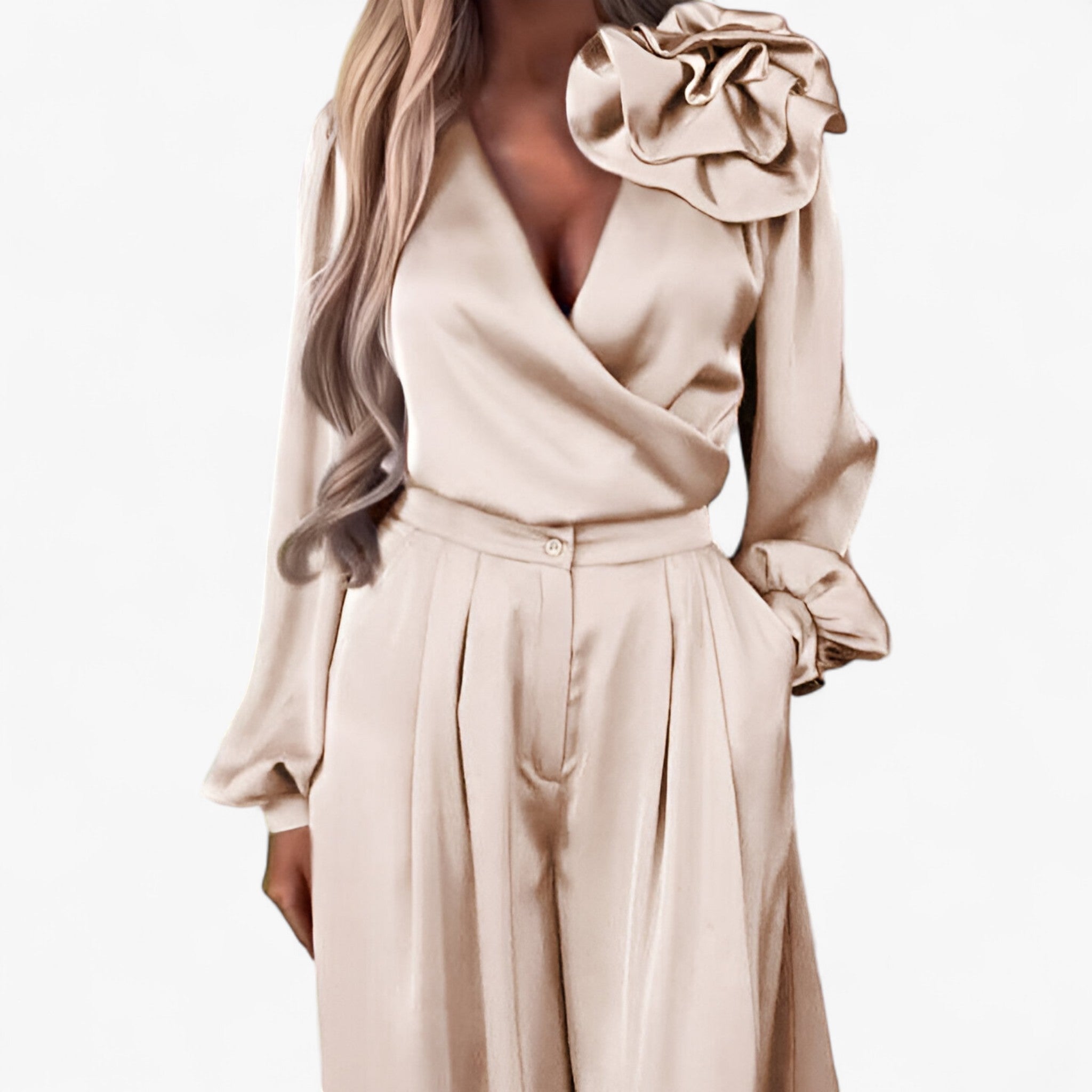 Damen Twin Set Polyester mit V-Ausschnitt und Weiten Hosen 8