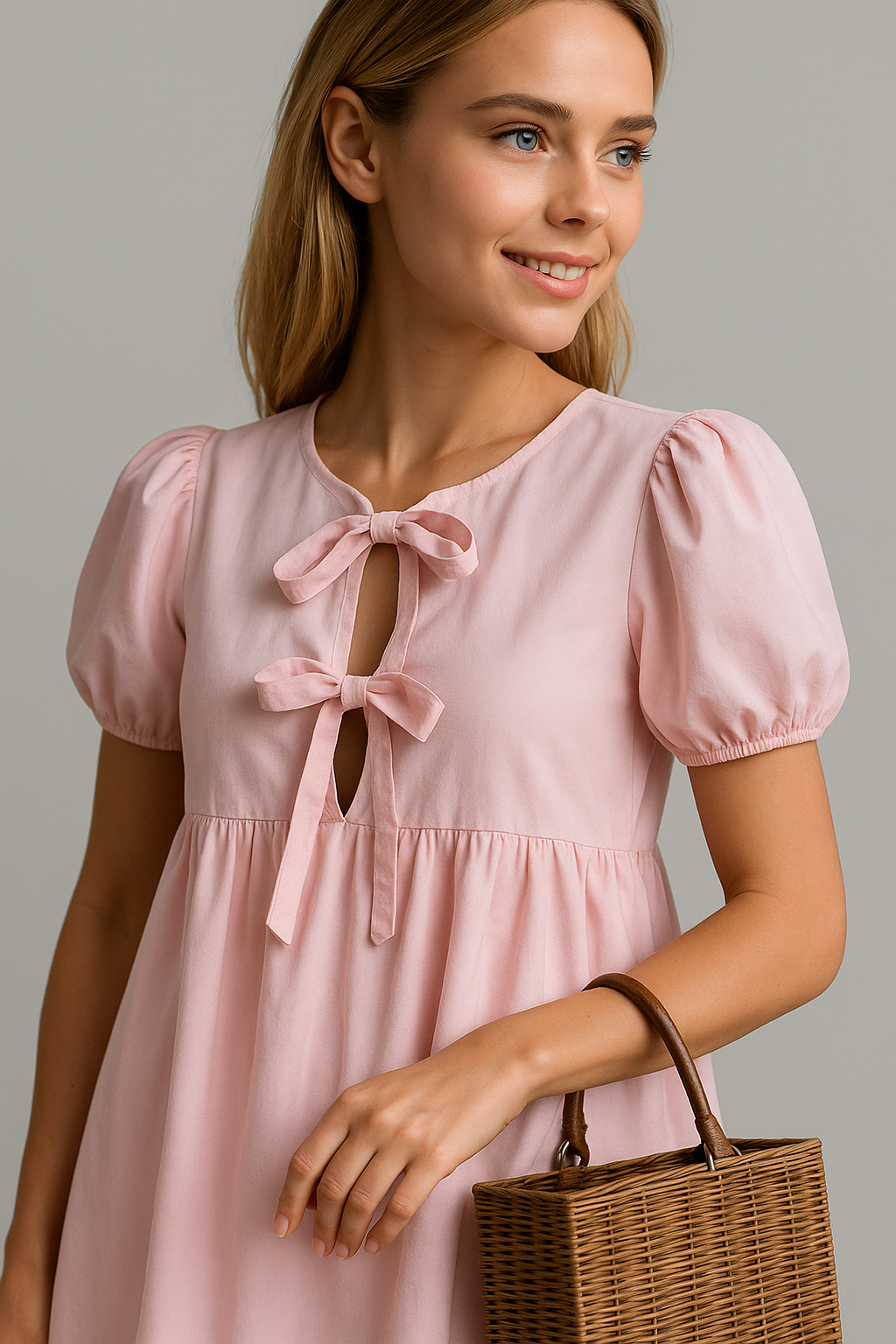 Festliches Damenkleid mit Puffärmeln und Schleife 4