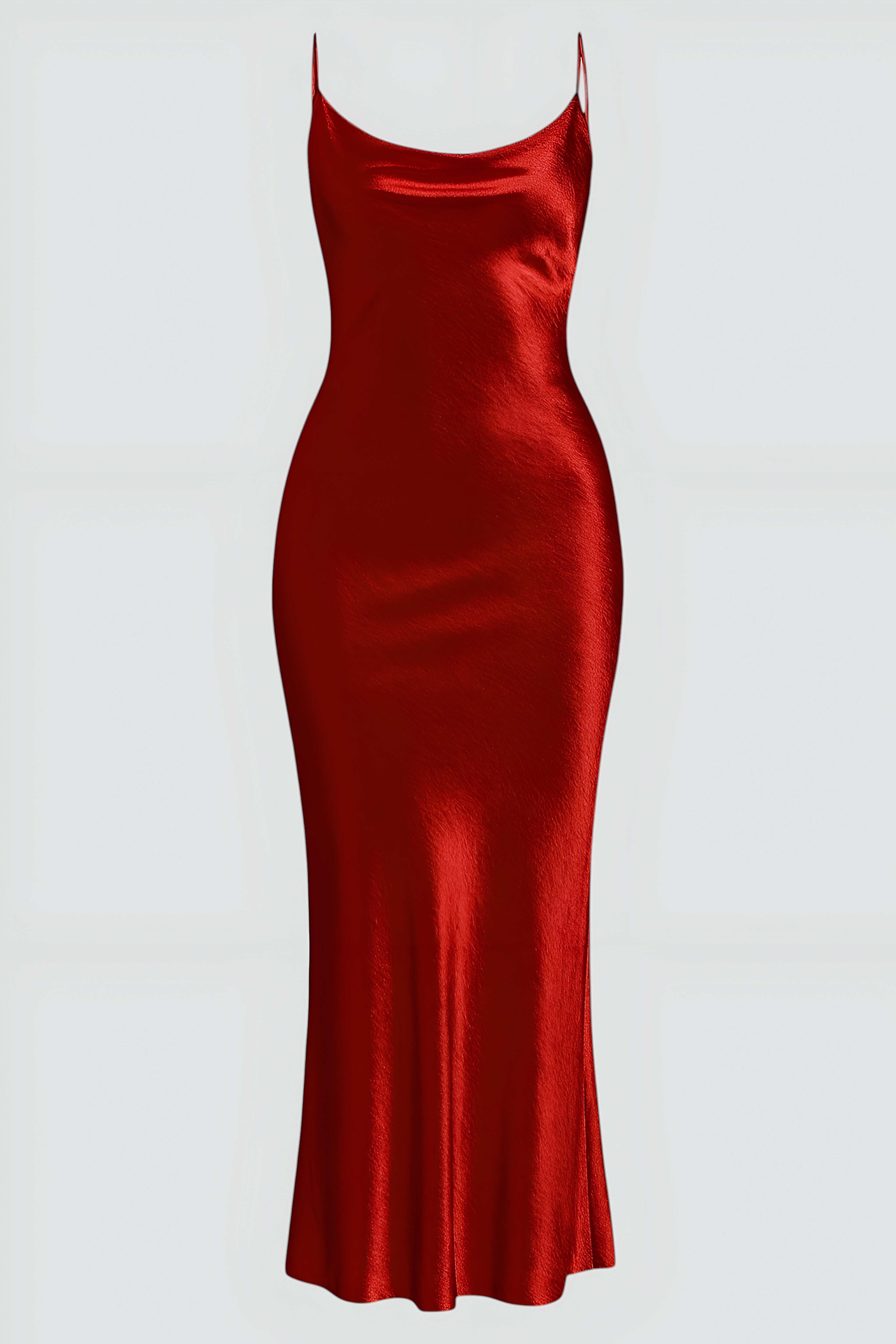 Mia | Satin Maxikleid mit Wasserfallausschnitt und Spaghettiträgern – Eleganz in tiefem Rot
