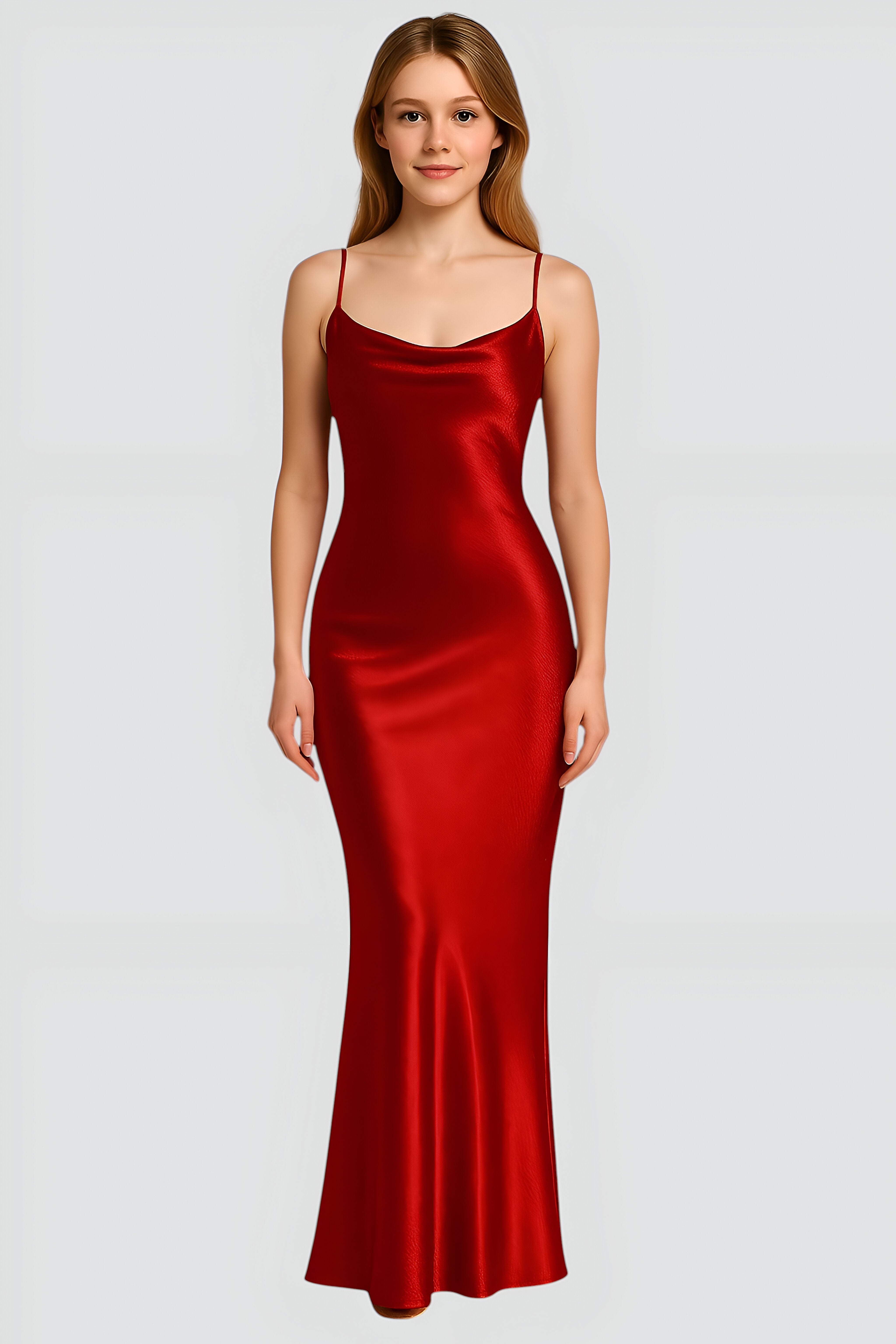 Mia | Satin Maxikleid mit Wasserfallausschnitt und Spaghettiträgern – Eleganz in tiefem Rot