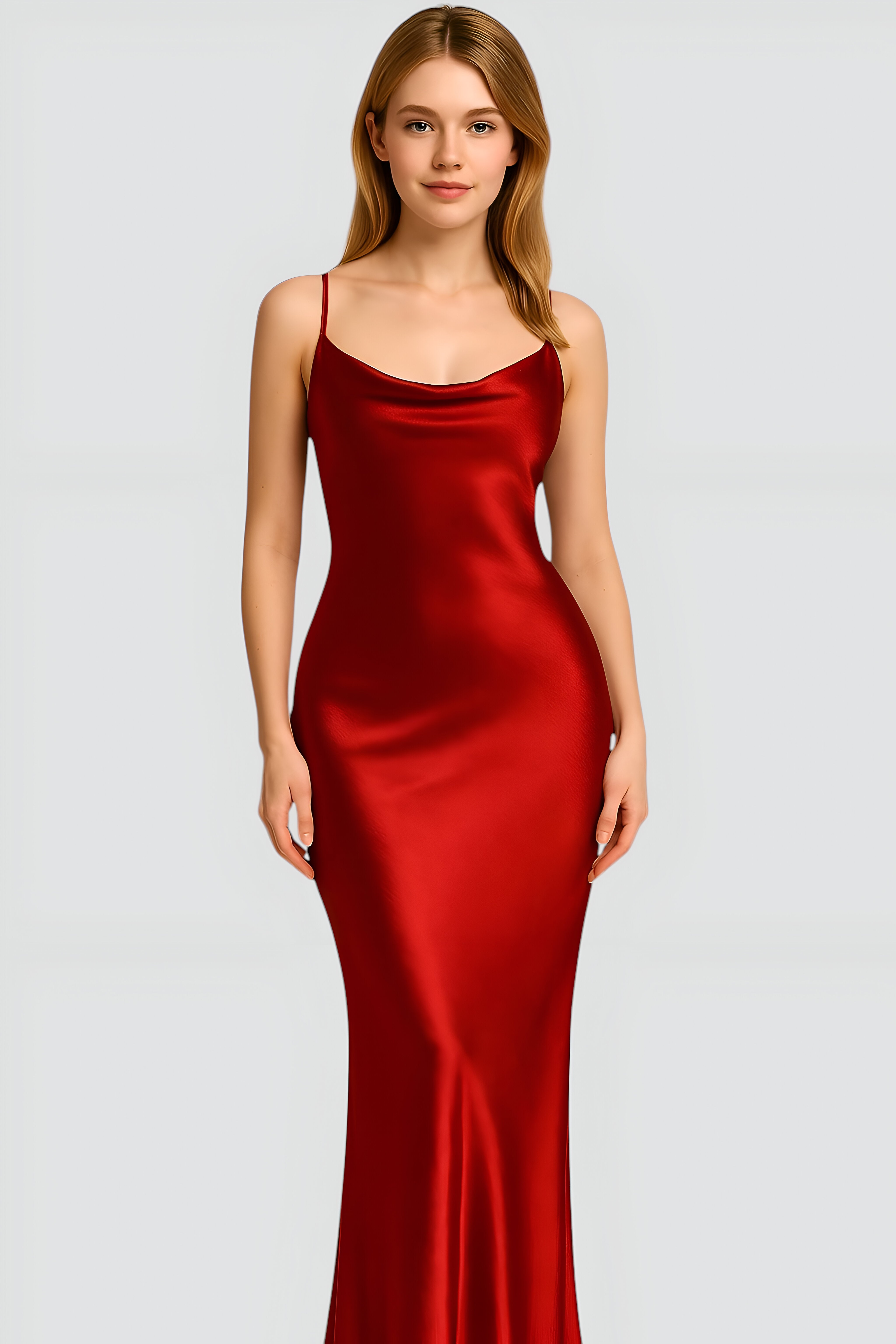 Mia | Satin Maxikleid mit Wasserfallausschnitt und Spaghettiträgern – Eleganz in tiefem Rot