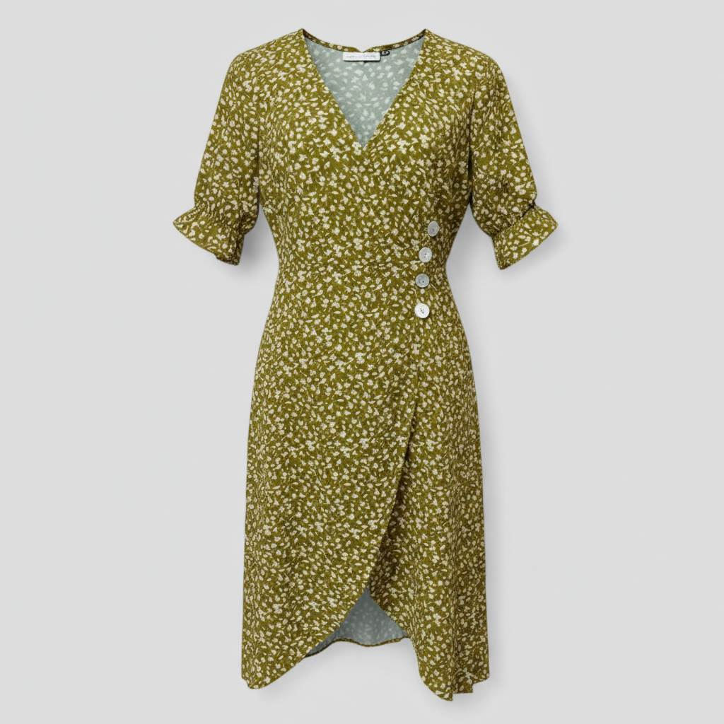 Marie | Geblümtes Midikleid mit V-Ausschnitt und seitlichen Knöpfen