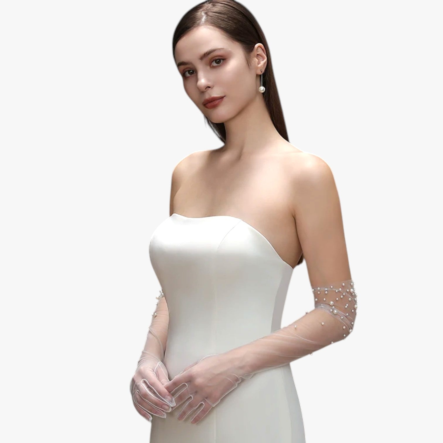 Vivian | Elegante Brauthandschuhe aus Tüll mit zarten Perlen, lang und leicht