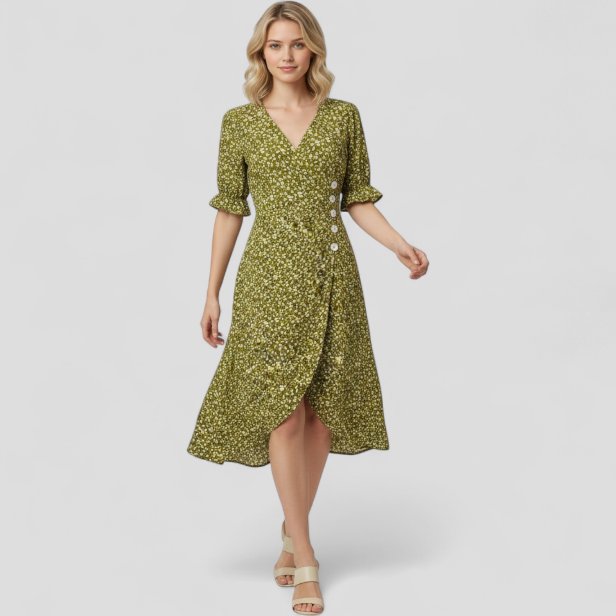 Marie | Geblümtes Midikleid mit V-Ausschnitt und seitlichen Knöpfen