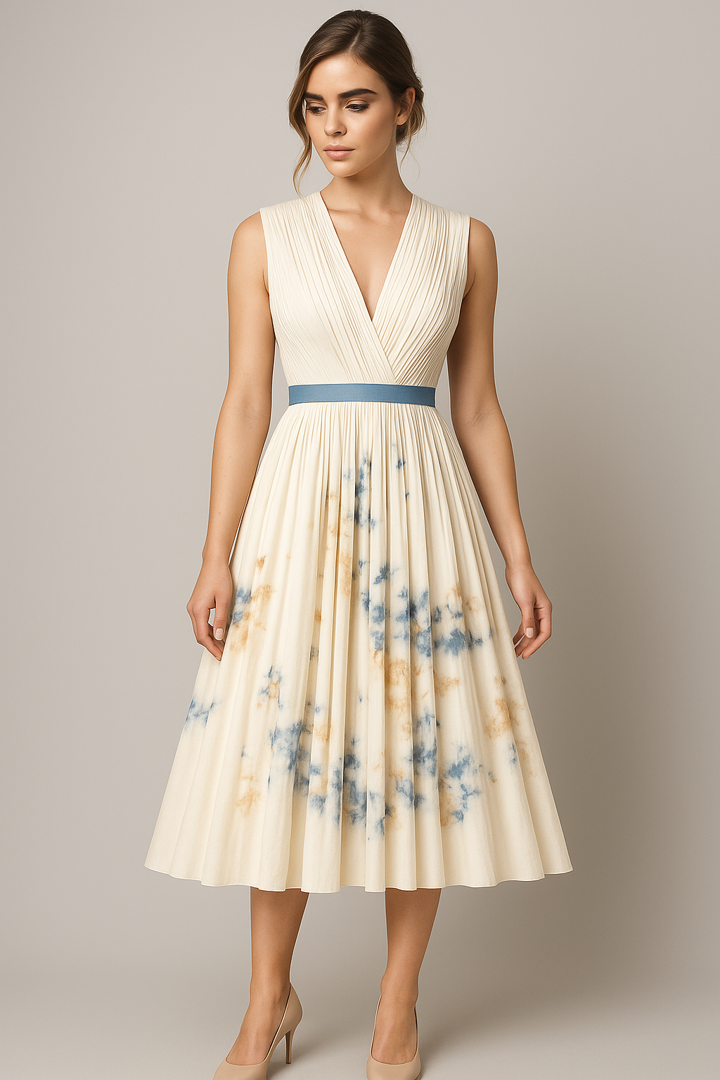 Luciana Damen Sommerkleid im Vintage-Stil mit Falten und Aquarellmuster