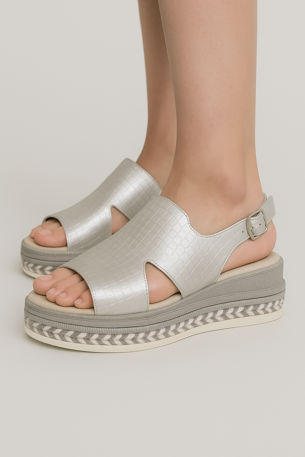 Viviana | Goldene Plateausandalen mit Krokodilleder-Optik und verstellbarem Riemen