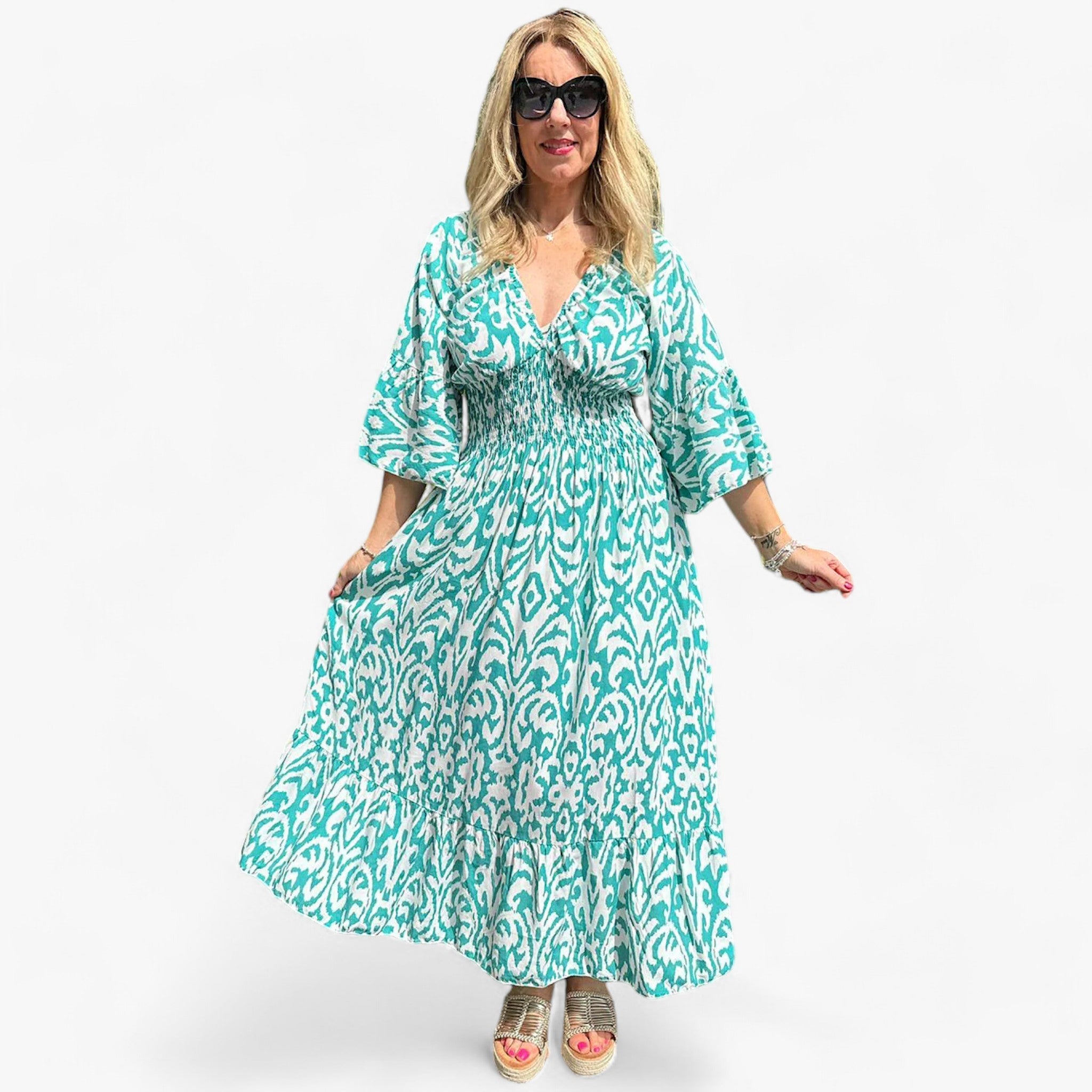 Großes Florales V-Ausschnitt-Kleid - Perfekt für Strandurlaube - Seeblau - Großes Florales V-Ausschnitt-Kleid - Perfekt für Strandurlaube - €25 - Concept Frankfurt