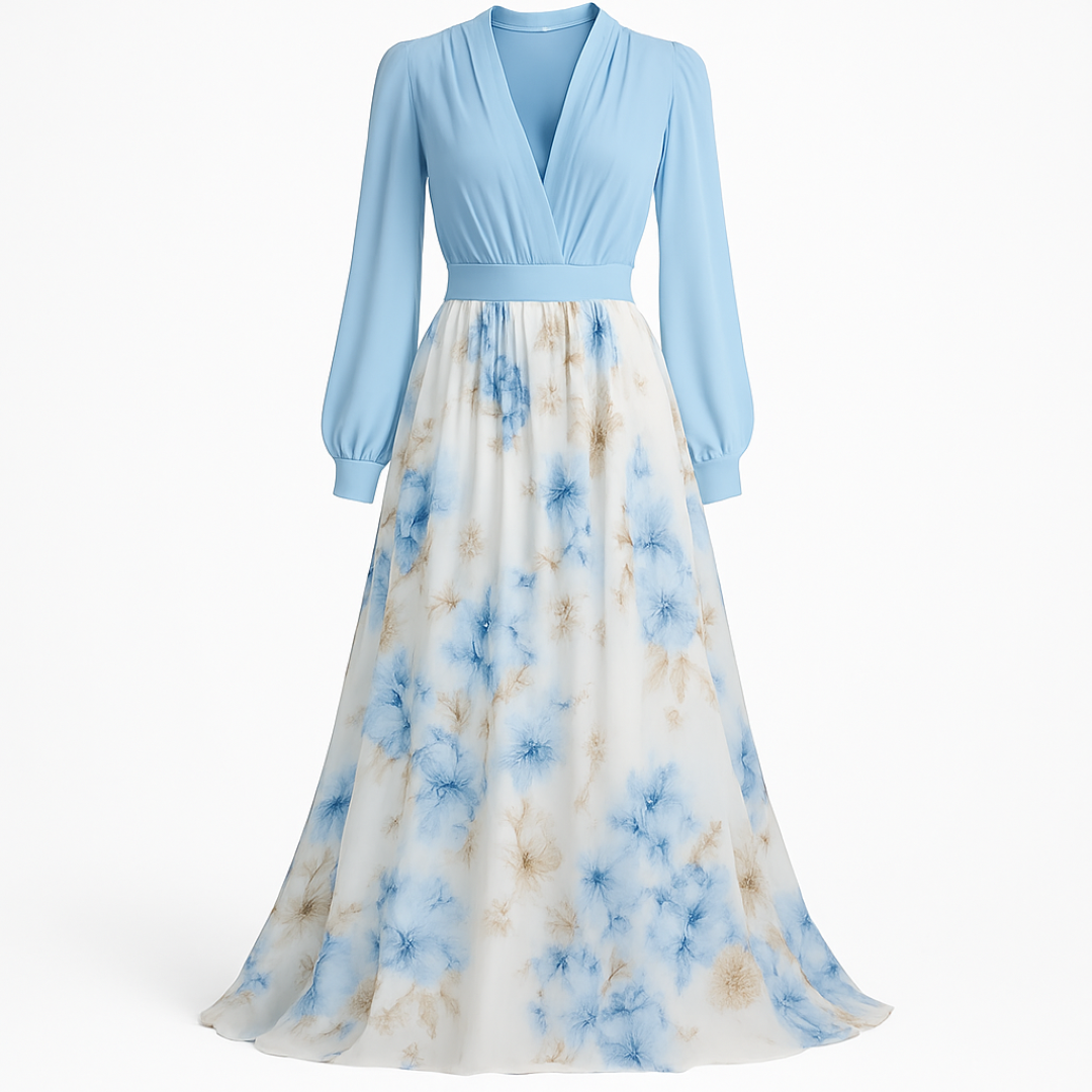 Cloe | Elegantes langes Kleid mit leichten Ärmeln und floralem Rock