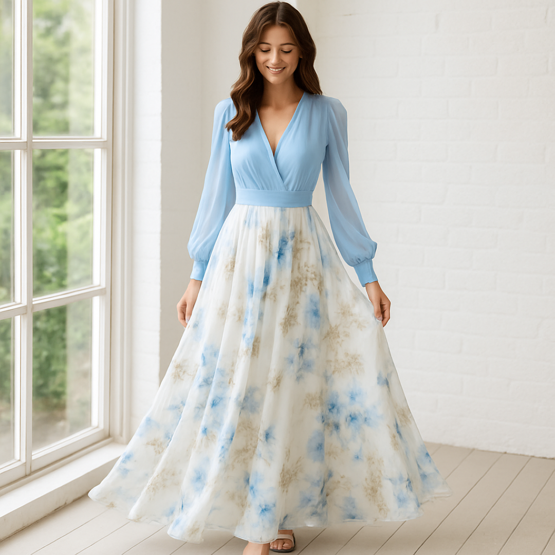 Cloe | Elegantes langes Kleid mit leichten Ärmeln und floralem Rock