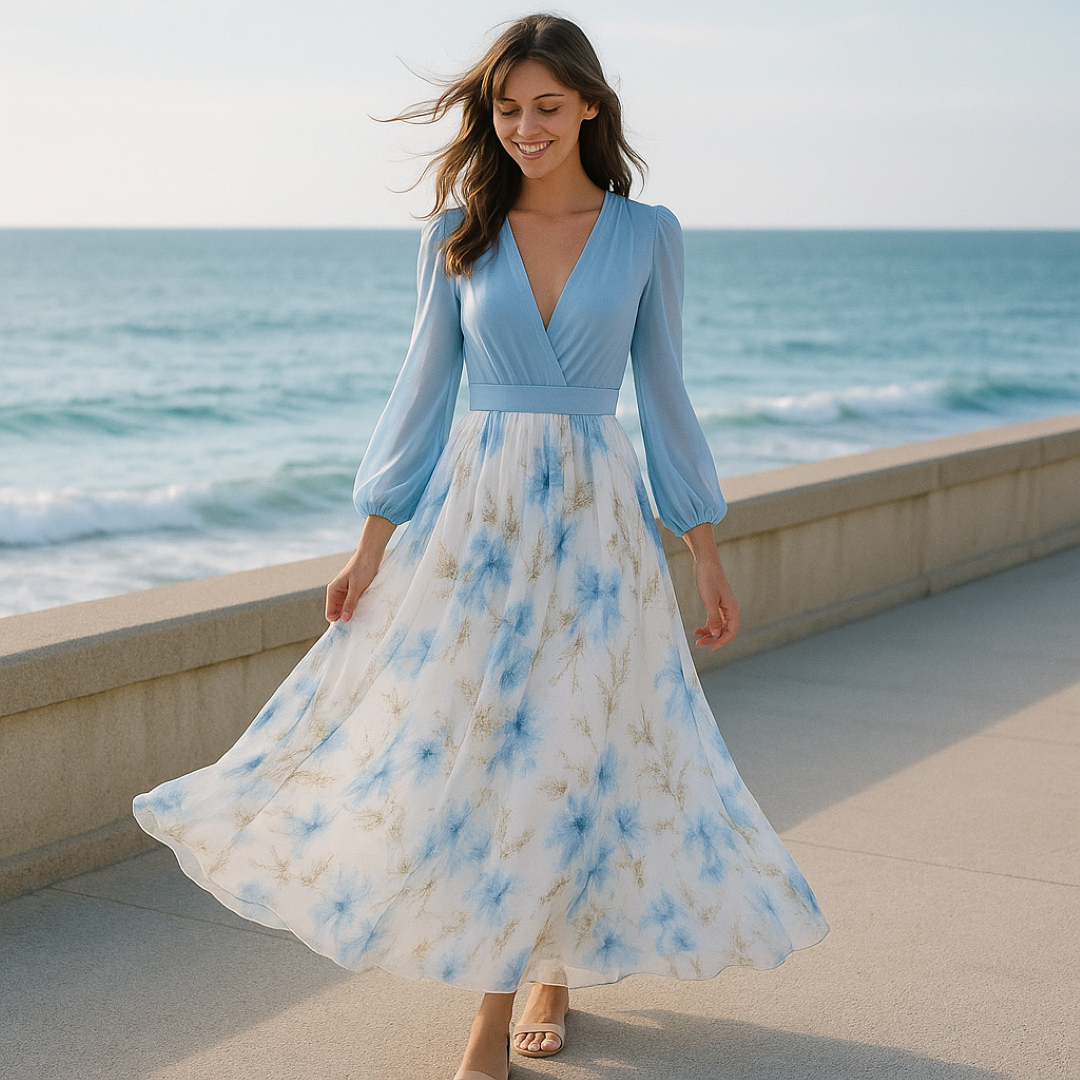 Cloe | Elegantes langes Kleid mit leichten Ärmeln und floralem Rock
