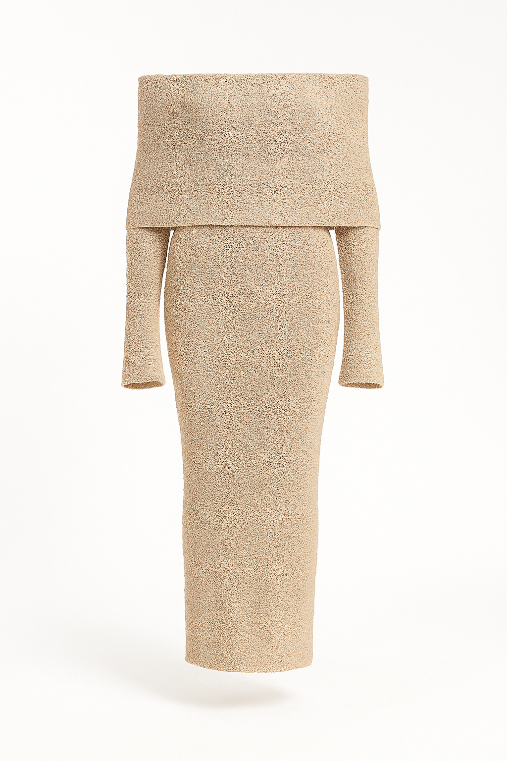 Bridget | Schulterfreies Bouclé-Strick-Midikleid in Taupe