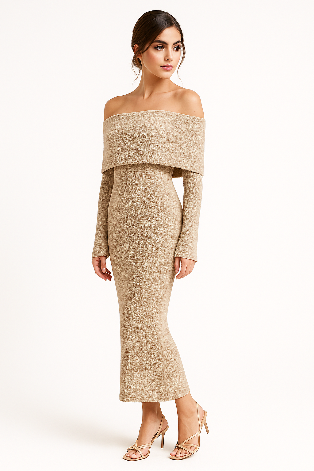 Bridget | Schulterfreies Bouclé-Strick-Midikleid in Taupe