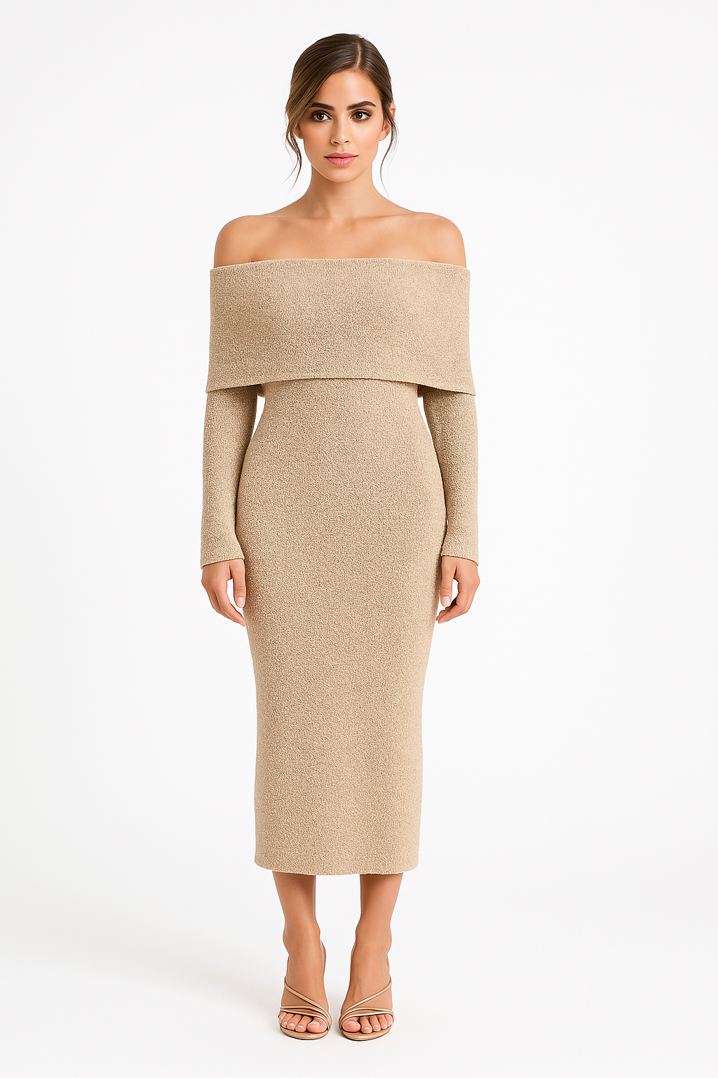 Bridget | Schulterfreies Bouclé-Strick-Midikleid in Taupe