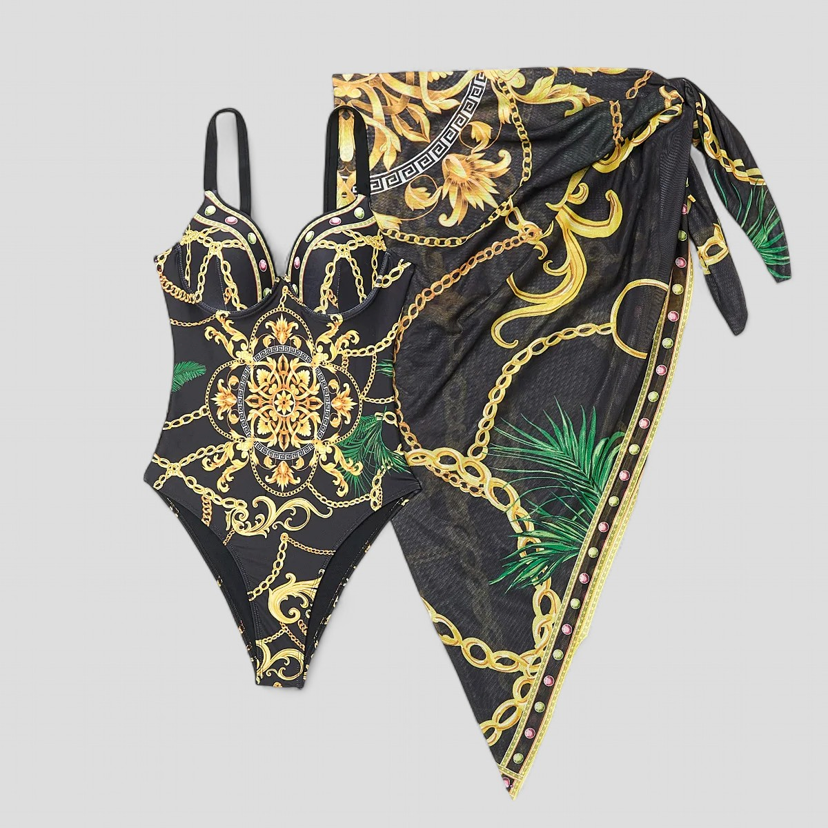 Damen Eleganter Einteiler Badeanzug mit Goldakzenten 1
