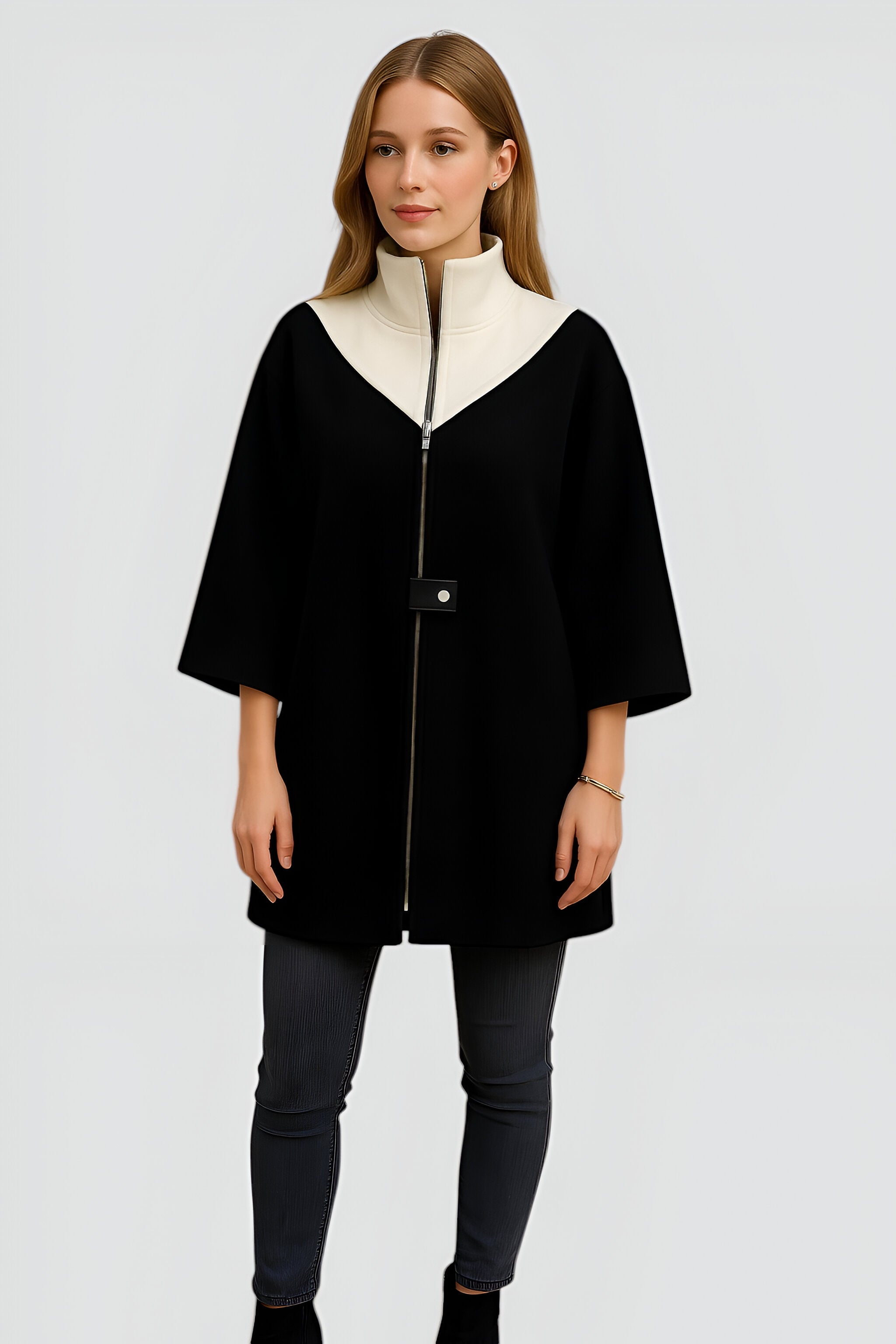 Damen Eleganter Langer Mantel mit Reißverschluss 2