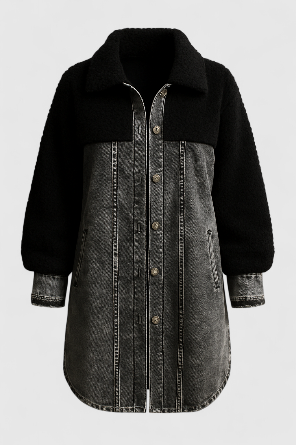 Damen Lange Denimjacke mit Sherpa-Futter 0