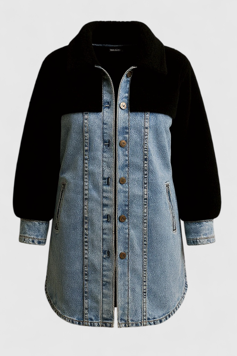 Damen Lange Denimjacke mit Sherpa-Futter 1