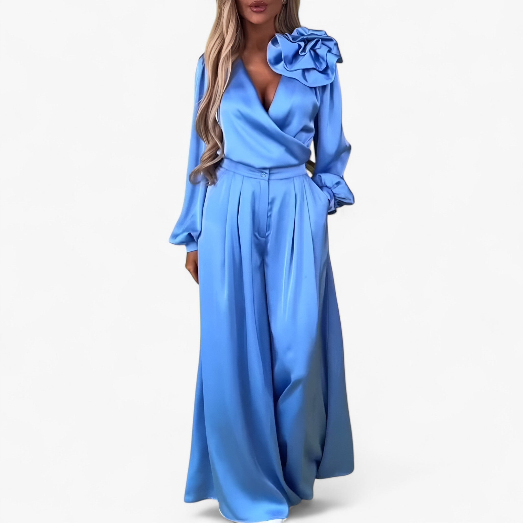 Damen Twin Set Polyester mit V-Ausschnitt und Weiten Hosen 0