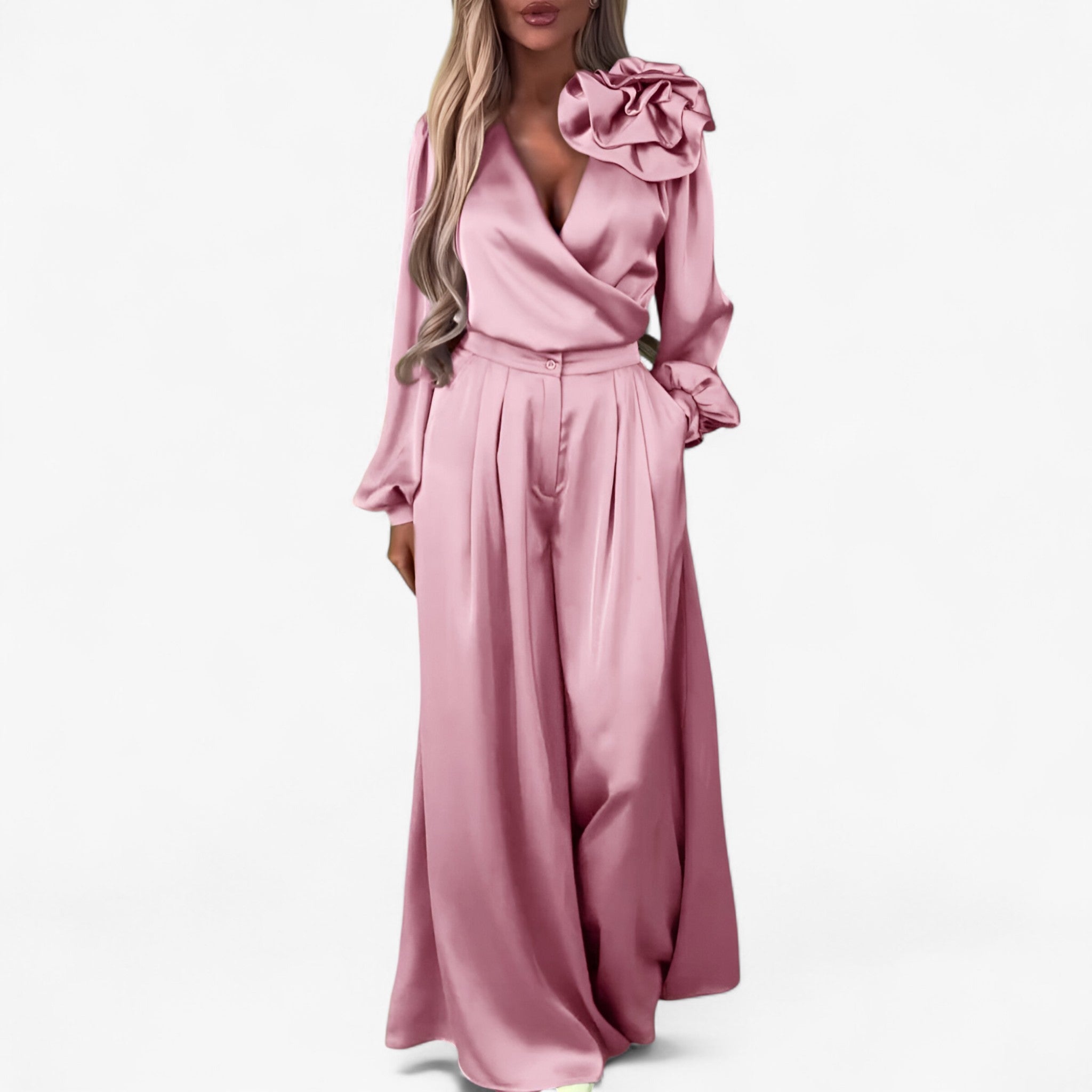 Damen Twin Set Polyester mit V-Ausschnitt und Weiten Hosen 1