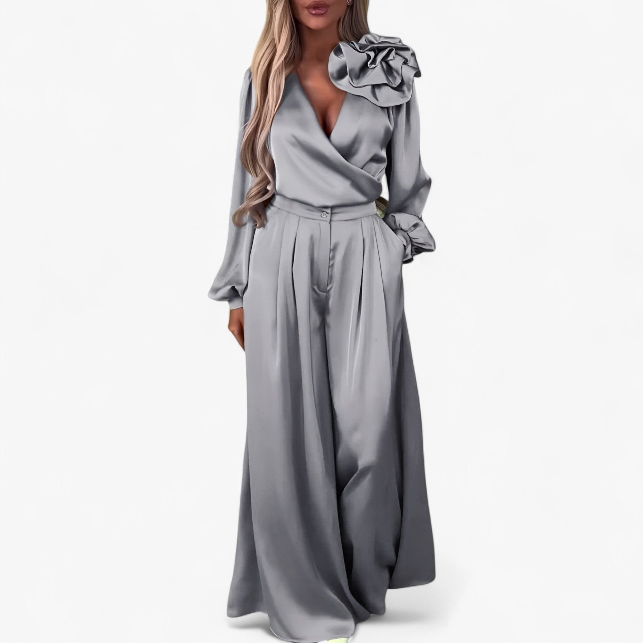Damen Twin Set Polyester mit V-Ausschnitt und Weiten Hosen 3