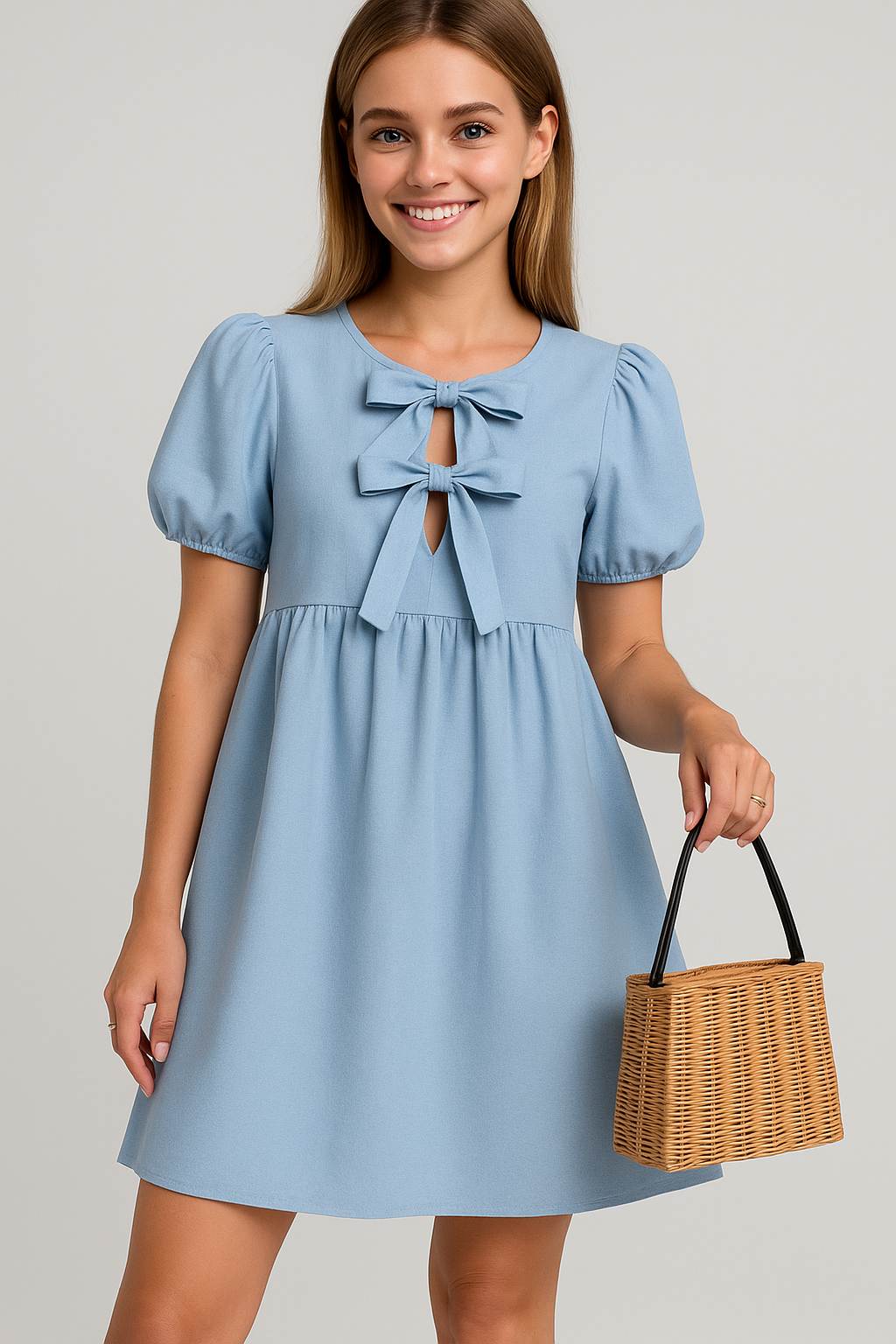 Festliches Damenkleid mit Puffärmeln und Schleife 3
