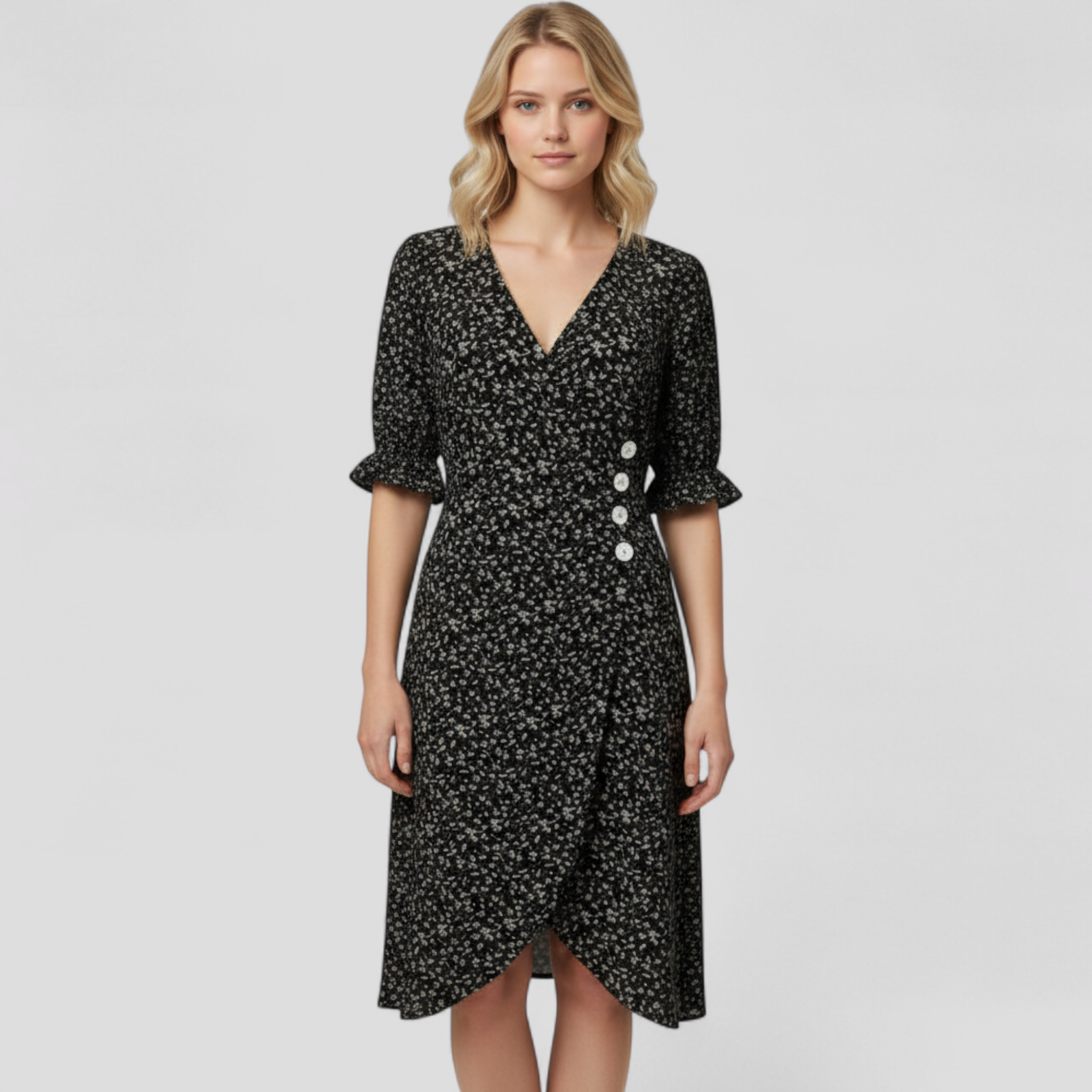 Marie | Geblümtes Midikleid mit V-Ausschnitt und seitlichen Knöpfen