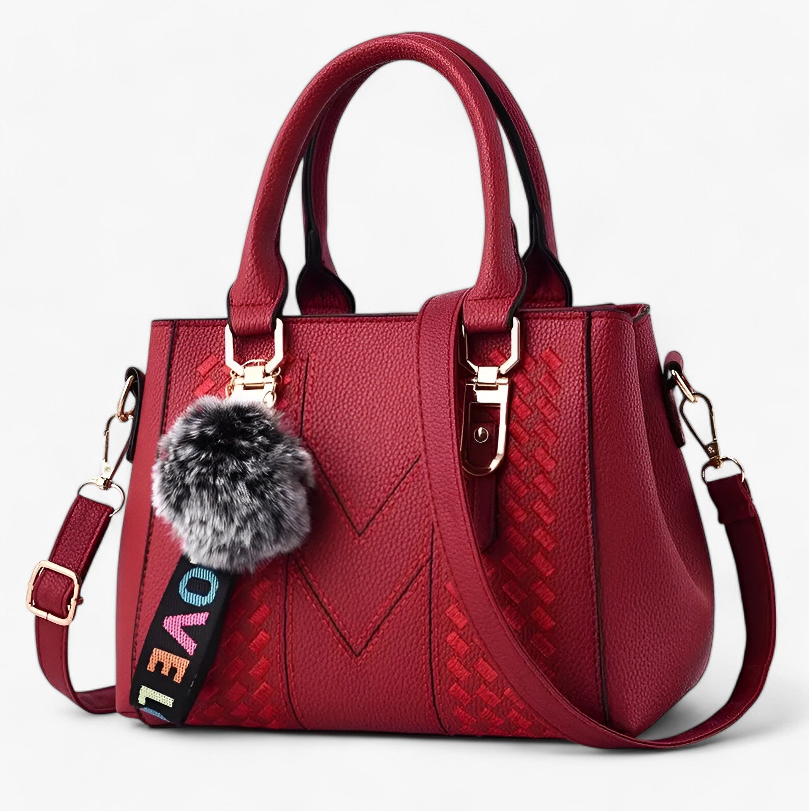 Stylische Leder-Messenger-Tasche mit weichem Pompon - weinrot - Stylische Leder-Messenger-Tasche mit weichem Pompon - €25 - Concept Neurenberg