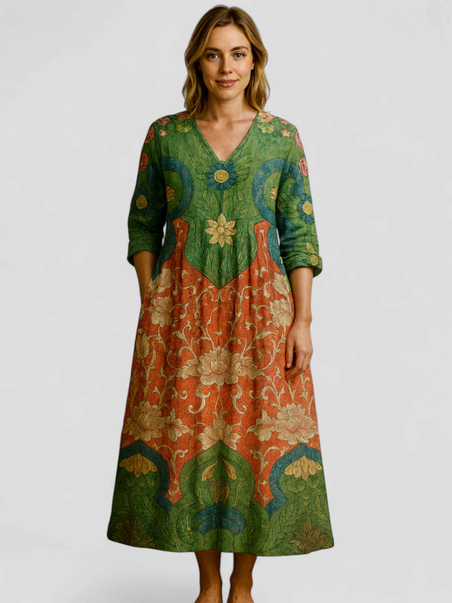 Maxikleid Damen Mit Blumenmuster Langarm 1