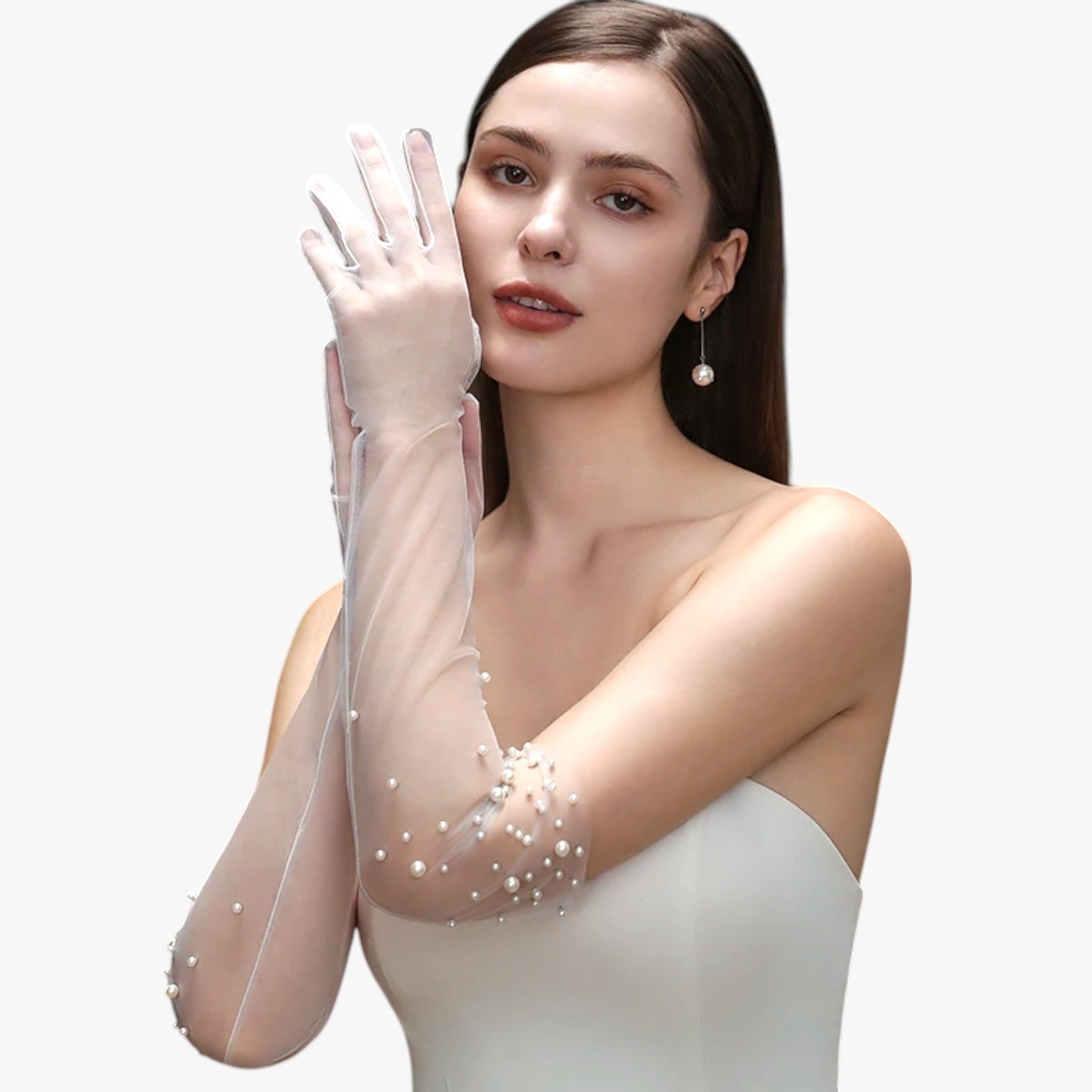 Vivian | Elegante Brauthandschuhe aus Tüll mit zarten Perlen, lang und leicht