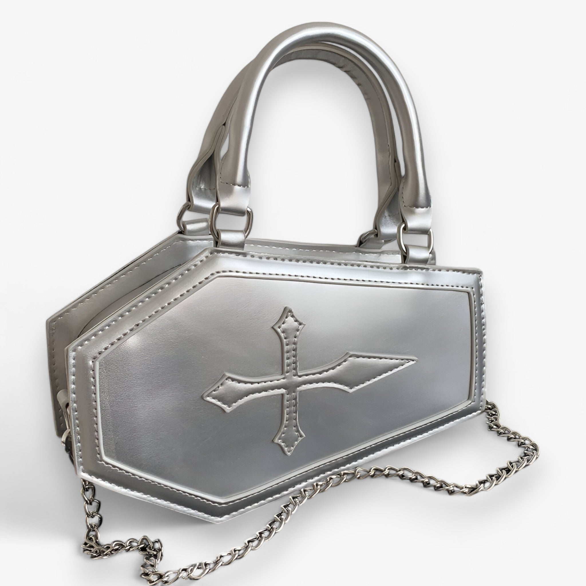 Sarg-Kettenhandtasche - Geräumig und elegant für Halloween-Cosplay - Silber 24,5cmx6cmx15cm - Gräber | Sarg-Kettenhandtasche - Geräumig und elegant für Halloween-Cosplay - €25 - Concept Düsseldorf