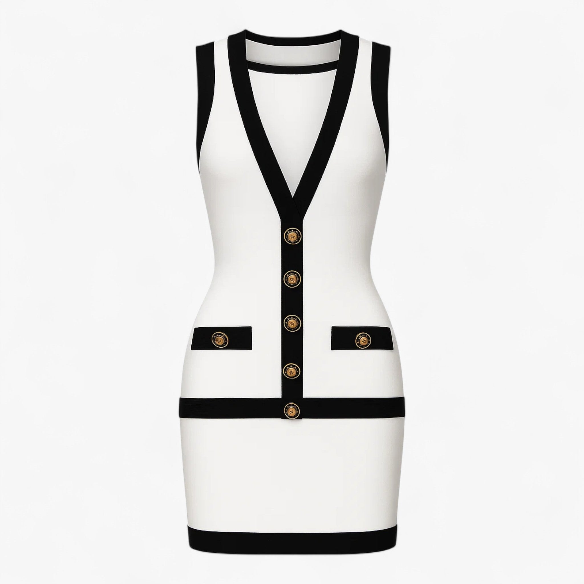 Victoria | Elegantes Weiß-Schwarz Wickel-Minikleid mit Goldknöpfen