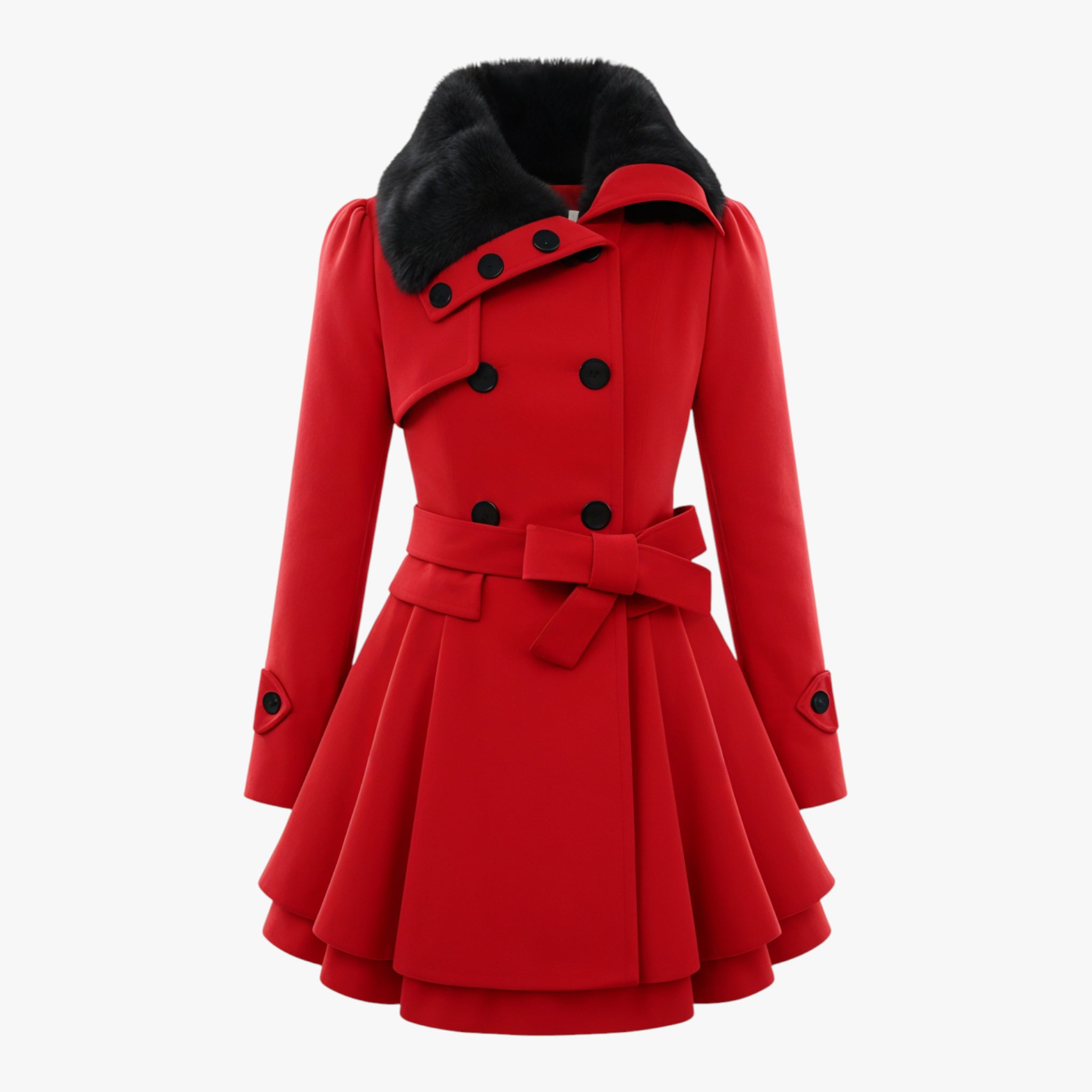 Clara | Damen Langer Wollmantel mit Gürtel und Kunstpelzkragen
