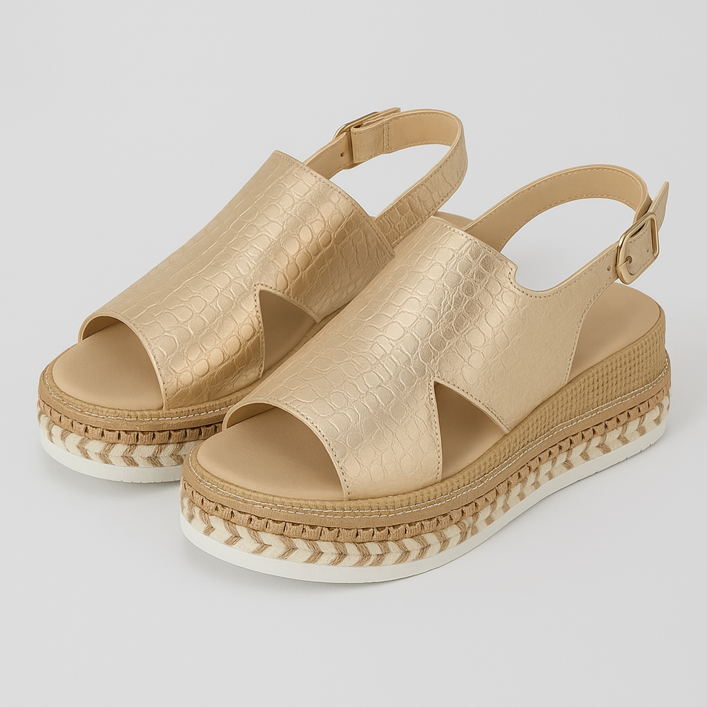 Viviana | Goldene Plateausandalen mit Krokodilleder-Optik und verstellbarem Riemen