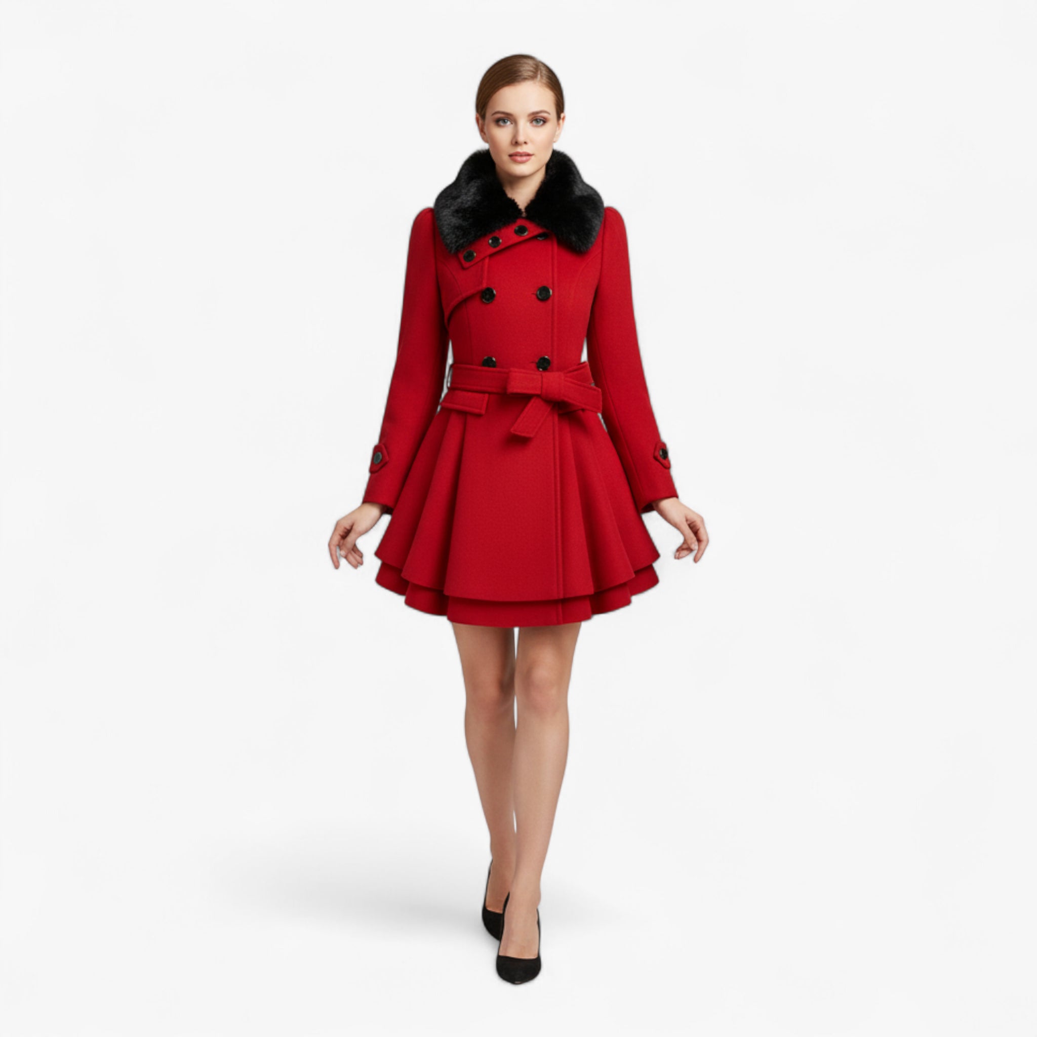 Clara | Damen Langer Wollmantel mit Gürtel und Kunstpelzkragen